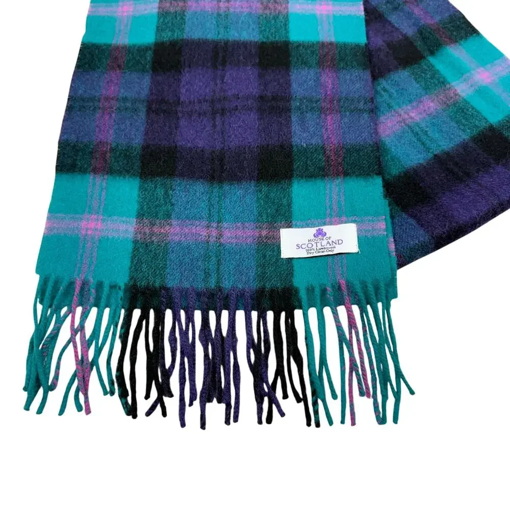 House of Scotland Lambswool Fringe Scarf Teal Pink Purple Black Plaid